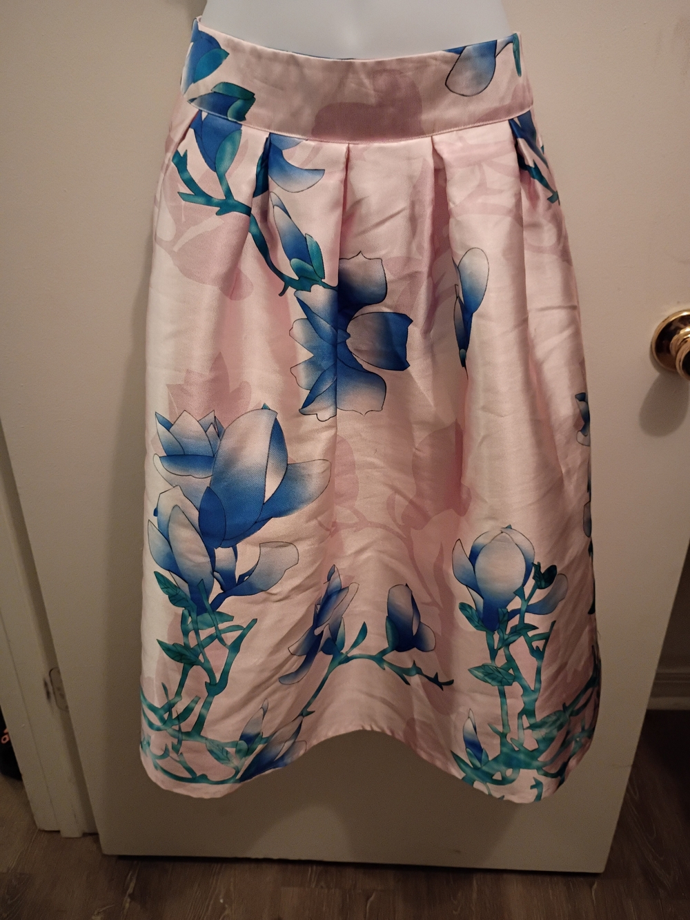 Beulah Pink A-Line Skirt with Blue Floral Motif